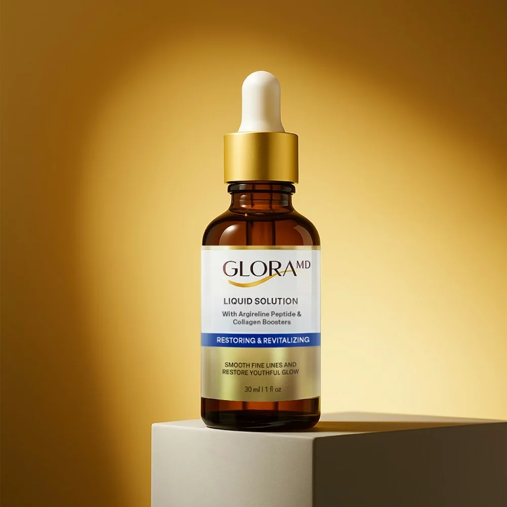 The same GloraMD 30 ml dropper bottle photographed from the front against a warm amber backdrop